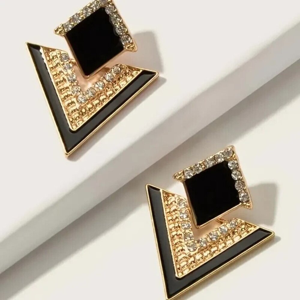 Geometric Black and Gold Drop Dangle Earrings For Women